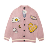 Men Sweater Cartoon Embroidery Color Matching Sweater Coat Men's Loose V-neck Cardigan Sweater