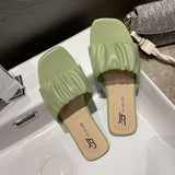 Women Open Toe Sandals Flats Summer Slippers Flat Heel Pleated Word Fashion Outdoor Slippers
