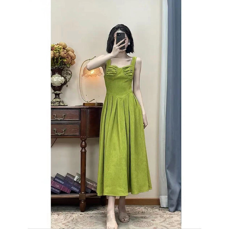 Emerald Green Dress Strap Waist-Tight A- line Square Collar Temperament