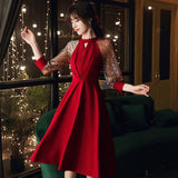 Long Sleeve Burgundy Dress Formal Performance Mesh Long Sleeve Midi Dress