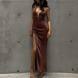 Taffeta Dress Elegant High Slit Long Dress Sexy Backless Halter Dress