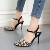 High Heels Ladies Sandals Summer Sexy Leopard Print Color-Blocking Stiletto Heel Pointed-Toe Fashion Ankle-Strap Buckle Women's Shoes