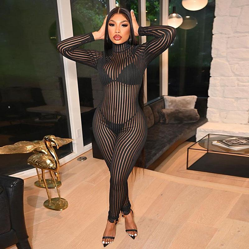Autumn Sexy Hollow-out Striped Mock-Neck Hip Raise Skinny Sports Jumpsuit Women