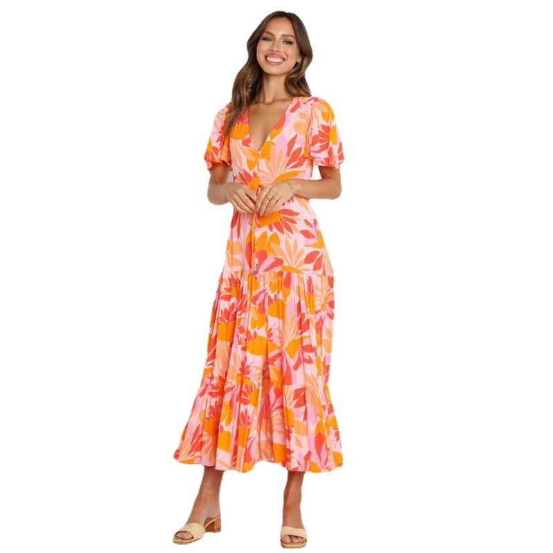 Gypsy Girl Outfits Dress V-neck Short Sleeve Beach Vacation