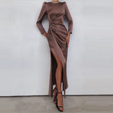 MIDI Mauve Cocktail Dress Women's Autumn and Winter Long Sleeve Split Dress Waist Dress