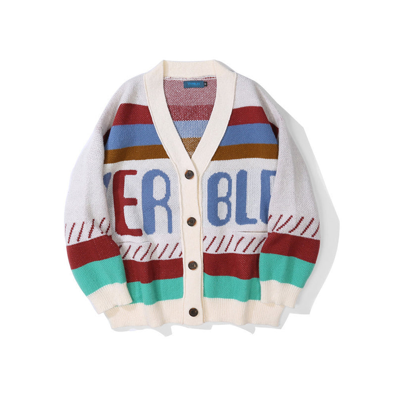 Men Sweater Fashion Brand Letter Jacquard Color Matching Cardigan Sweater Men's V-neck Sweater Coat