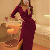 MIDI Mauve Cocktail Dress Autumn V-neck Long Sleeve Split Dress Evening Dress
