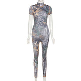 Summer women's fashion printed short-sleeved hip-lifting sports jumpsuit women