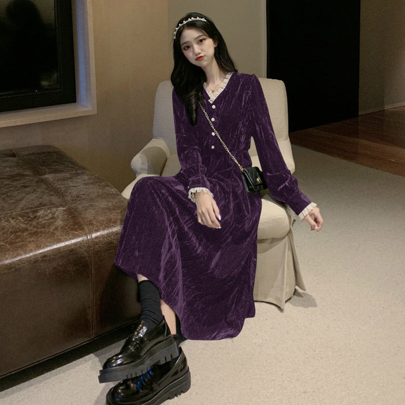 Blue Velvet Dress V-neck Dress French