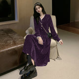 Blue Velvet Dress V-neck Dress French