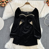 Blue Velvet Dress Square Collar Pleated Velvet Split Sheath