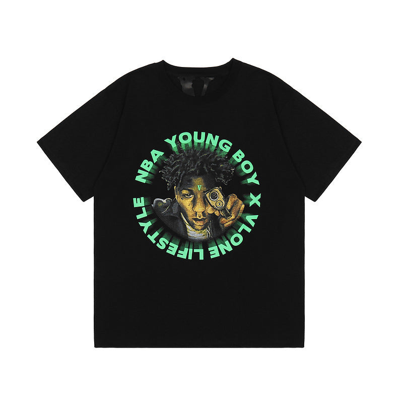 Vlone T Shirt Portrait Print Large V Short Sleeve High Street Men And Women Half Sleeve