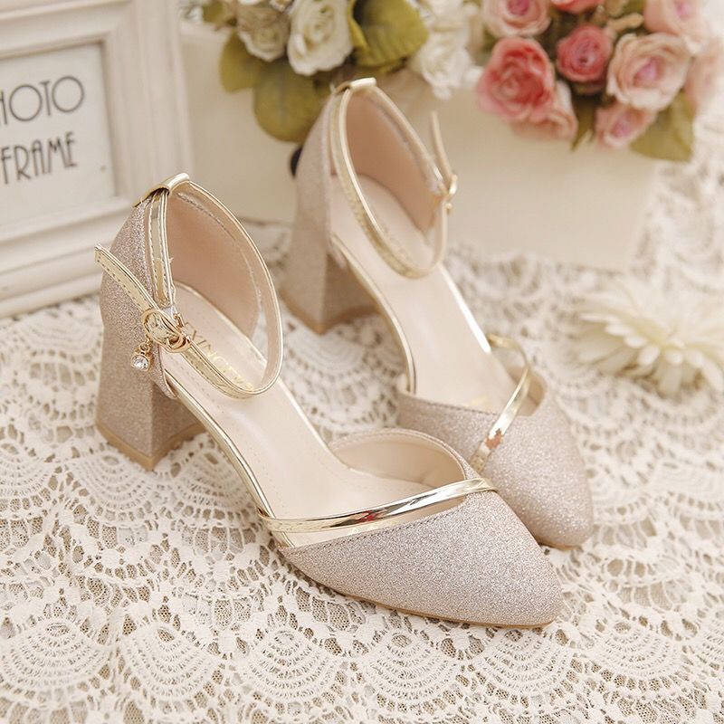 Low Heel Wedding Shoes Sandals Women's Chunky Heel Summer Bridesmaid High Heels Mid Heel