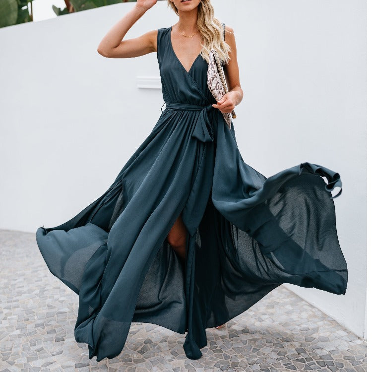 Emerald Green Dress Solid Color and V-neck Sleeveless Dress Mid Waist