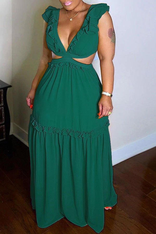 Emerald Green Dress Sexy Deep V Backless Lace up Chiffon