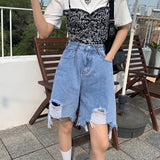 High Waisted Shorts White Wide Leg Pants Adjustable Iron Button Ripped Denim Shorts