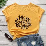 Merry and Bright Sweatshirts Christmas Merry and Bright Letter Printed round Neck Short Sleeve T-shirt