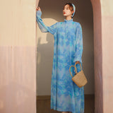 Coachella Music Festival Outfits Dress Printed Sea Vacation Long Dress Vintage Long Sleeve