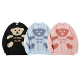Men Sweater Towel Embroidery Cartoon Bear Knitwear Men High Street Fashion Brand Loose round Neck Sweater