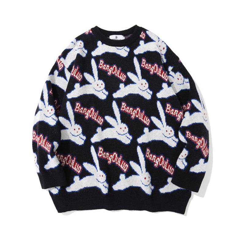 Men Sweater Cartoon Rabbit Brocade Sweater Men's Pullover Long Sleeve