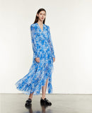 Kendall Jenner Wedding Guest Dress V-neck Blue Hydrangea Printed Fashion Casual Slit Mid-Length Temperament