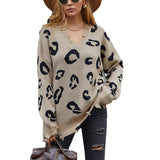 Women Pullover Knit Sweater Autumn and Winter V-neck Leopard Print Fringed Sweater