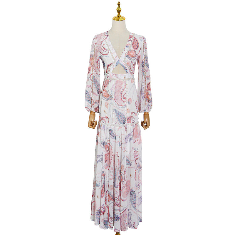 Gypsy Style Dresses Chiffon V-neck Stitching Lantern Sleeve Slit