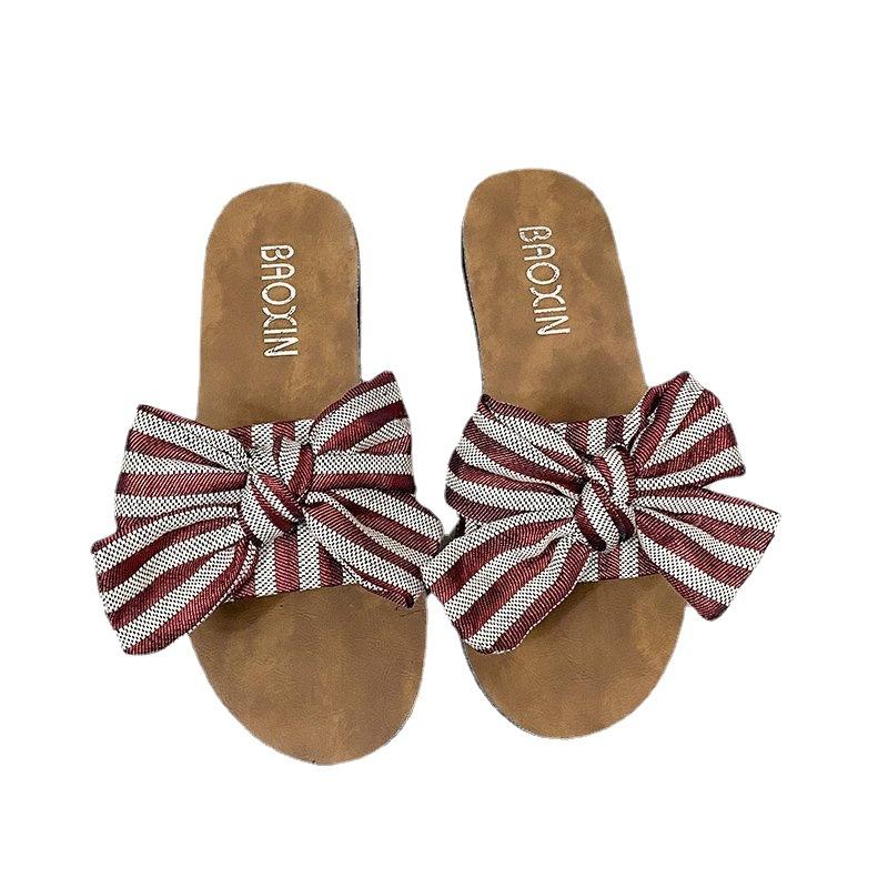 Women Open Toe Sands Flats Summer Flat Flip-Flops Casual Beach Shoes Bow Slippers