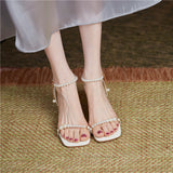 Nude Low Block Heel Stringed Pearls Word with Chunky Heel