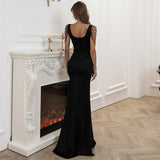 Skin Tight Long Dresses V-neck Mid-Length Black Banquet Split Sexy Evening Dress