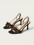 Nude Low Block Heel Word with Bowknot Stiletto Open Toe