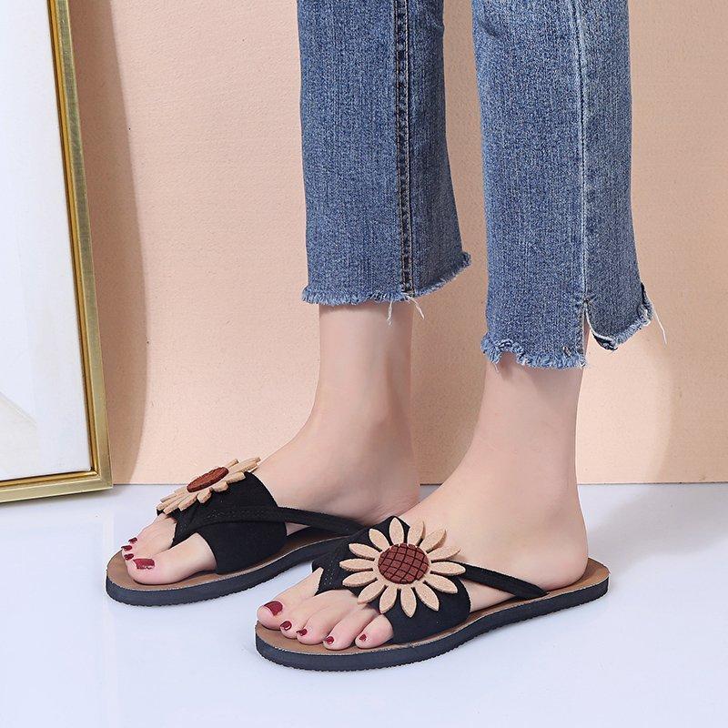 Women Open Toe Sandals Flats Summer Flower Flip Flops Flip-Flops Flip-Flops Casual Beach Slippers