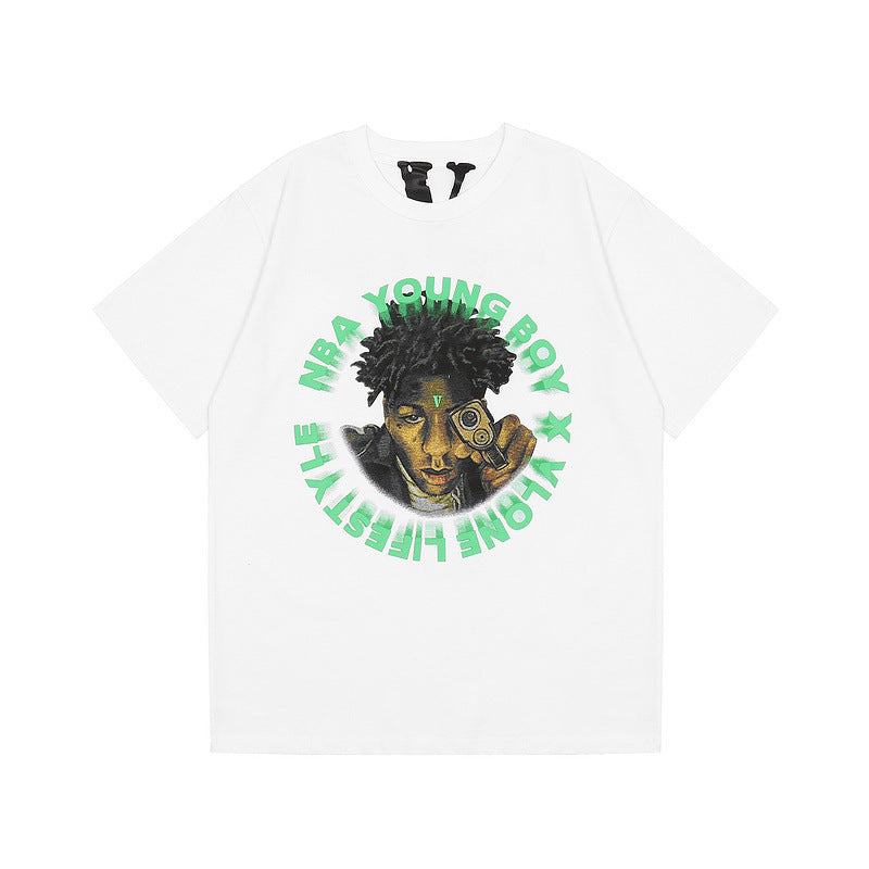 Vlone T Shirt Portrait Print Large V Short Sleeve High Street Men And Women Half Sleeve