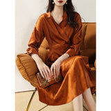 Kendall Jenner Wedding Guest Dress Women's Caramel Retro High-Grade Dignified Generous Style V-neck Shirt Collar