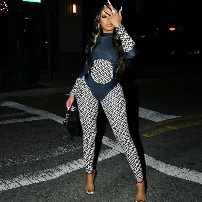 Women's Fashion Printed Color Contrast Patchwork High Waist Tight Sports Fitness Jumpsuit