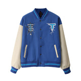 Man Fall Outfits Vintage Cartoon Embroidered Color Matching PU Leather Sleeve Baseball Uniform Jacket Coat