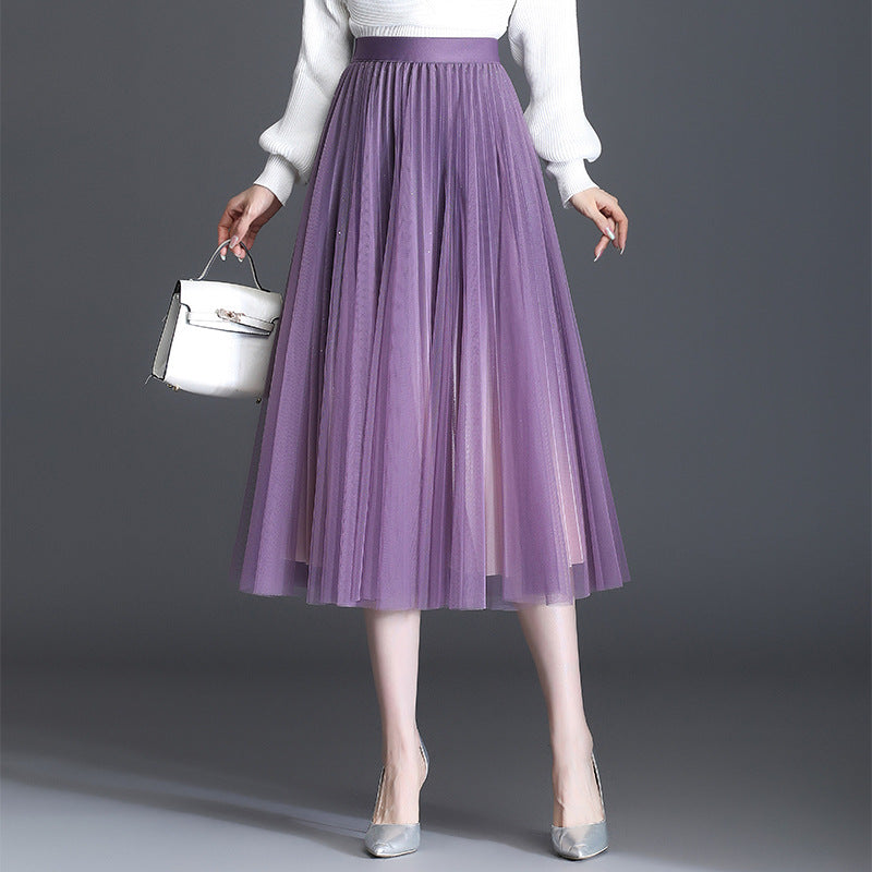 MIDI Mauve Skirt Autumn and Winter Mid-Length Bright Silk Pleated Gauze Skirt