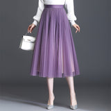 MIDI Mauve Skirt Autumn and Winter Mid-Length Bright Silk Pleated Gauze Skirt