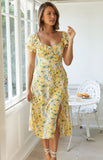 Nine Britton Dress Sexy Slit Square Collar Ruffled Short Sleeves Printing