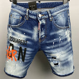 Men Denim Shorts Fashion Printed Cropped Pants Slim Fit Micro Elastic