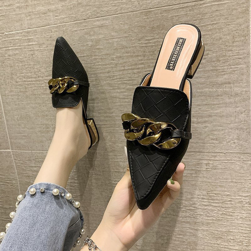 Finn Chain Pointed Toe Mule Closed Toe Half Slippers Summer Women's Pointed-Toe Mules Shoes Half Support