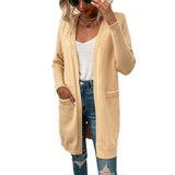 Women Cardigan Knit Sweater Autumn and Winter Mid-Length Solid Color Pocket Knitted Cardigan Jacket