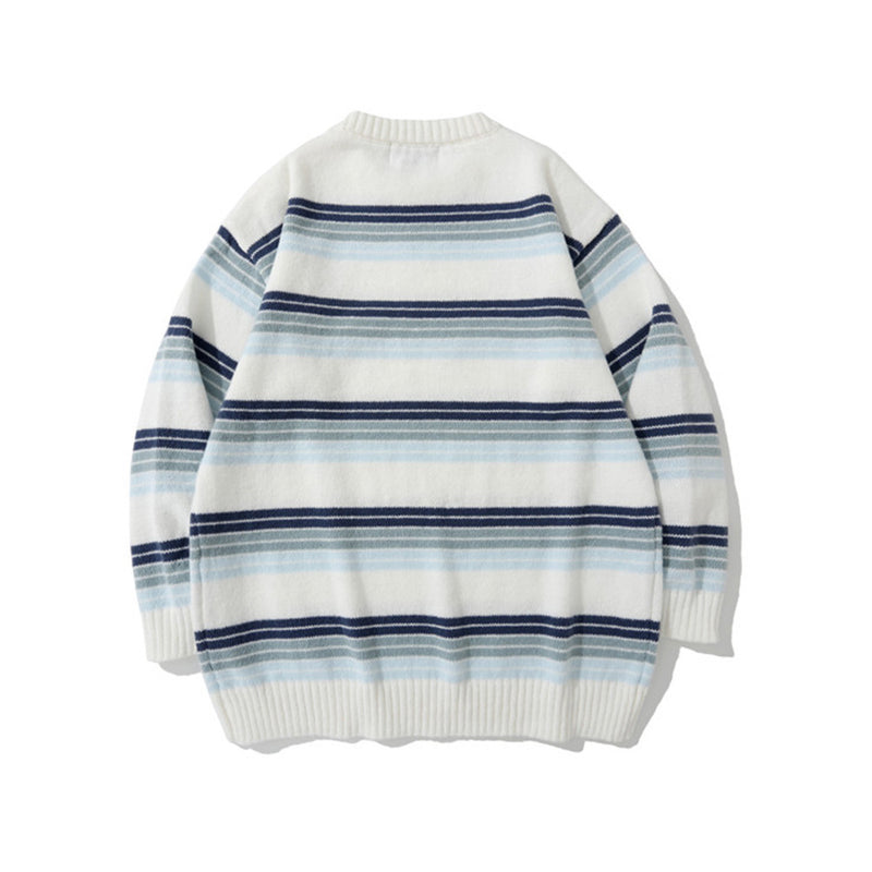 Men Sweater Idle Style Letter Embroidery Mixed Color Stripe Sweater Men's Pullover Sweater
