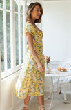 Nine Britton Dress Sexy Slit Square Collar Ruffled Short Sleeves Printing