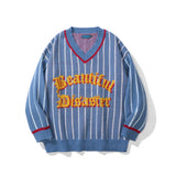 Men Sweater Letter Jacquard Striped Sweater Men's Loose V-neck Sweater Pullover