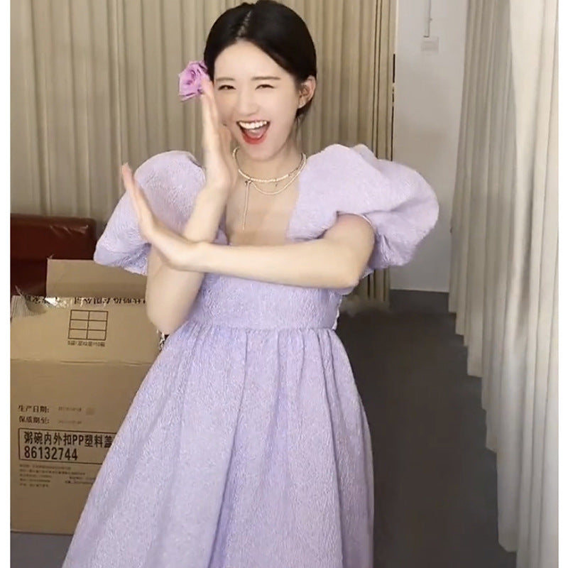 MIDI Mauve Wrap Dress Purple Puff Sleeve Pettiskirt Square Collar Dress Summer