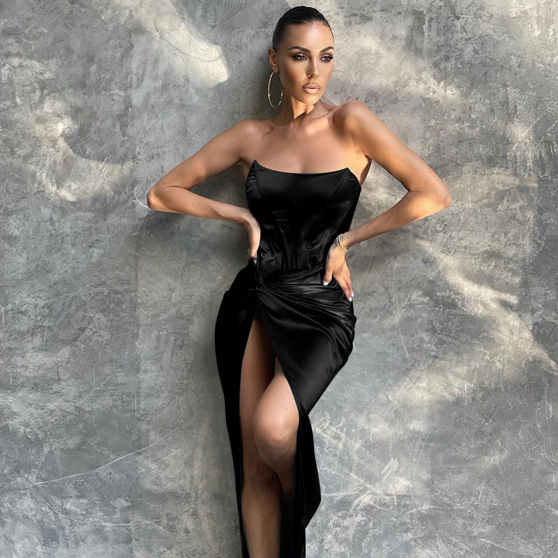 Taffeta Dress Temperament High Waist Slit Dress