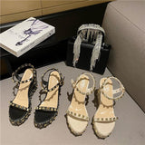 Platform Heels for Women Summer Apricot Wedge High Heel Sandals Rivets