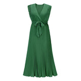 Emerald Green Dress Solid Color Sleeveless Pleated Chiffon