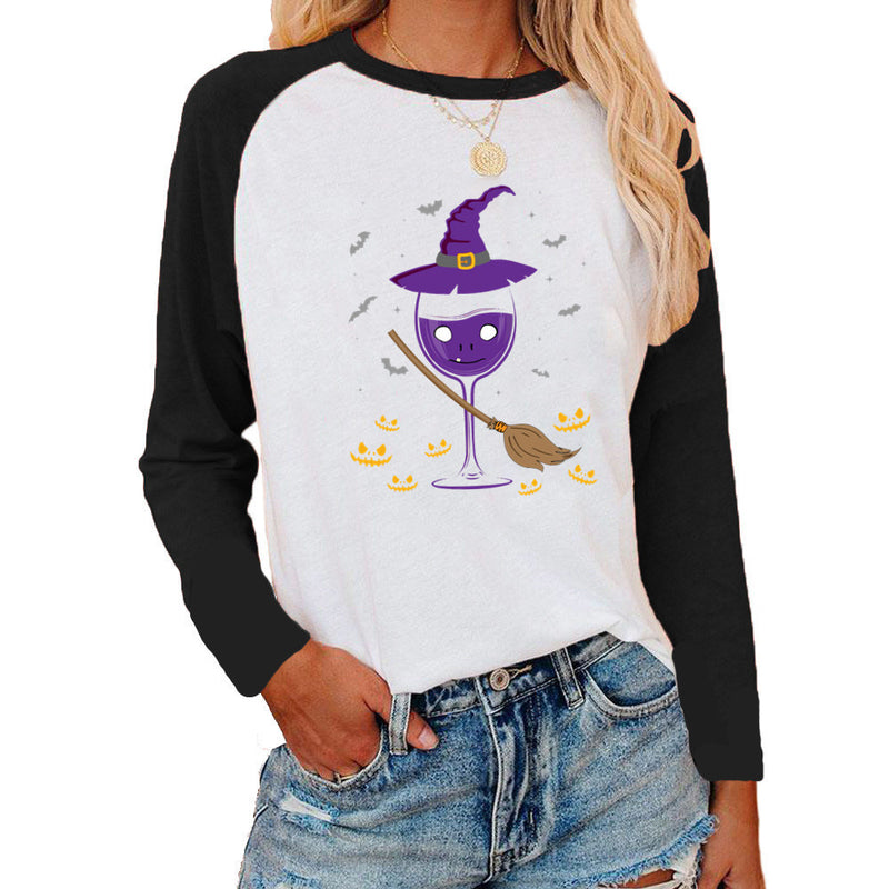 Halloween Costumes Pattern Printed Raglan Color Contrast Long Sleeve T-shirt Women